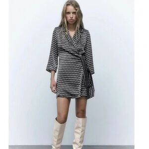 NWT ZARA SATIN EFFECT GEOMETRIC PRINT WRAP TIE MINI DRESS S